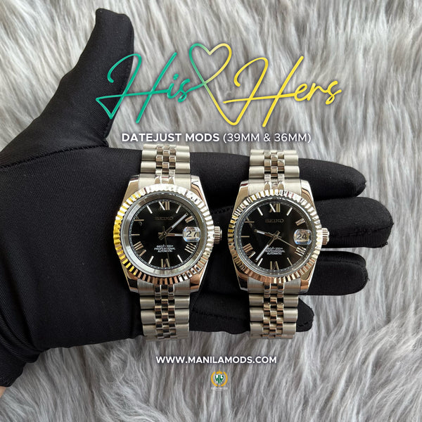 HIS&HERS BLACK DATEJUST FLUTED 36 & 39 (ROMAN NUMERAL)