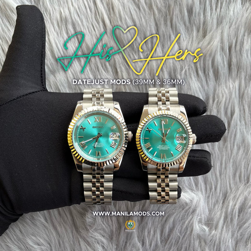 HIS&HERS AQUA BLUE DATEJUST FLUTED 36 & 39 (ROMAN NUMERAL)