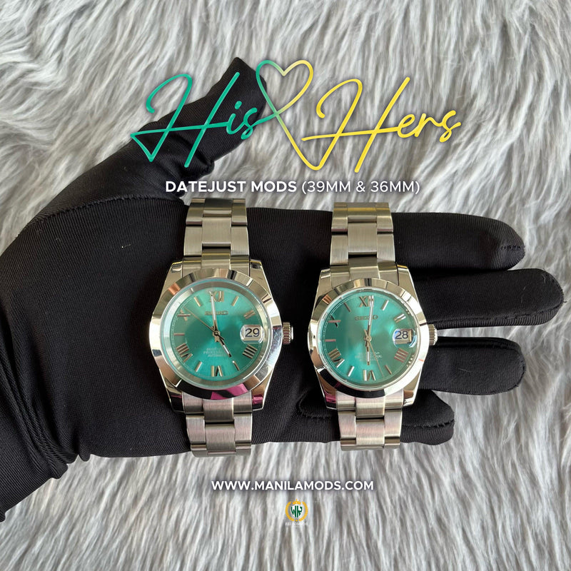 HIS&HERS AQUA BLUE DATEJUST FLAT 36 & 39 (ROMAN NUMERAL) - SEIKOMODS MANILA