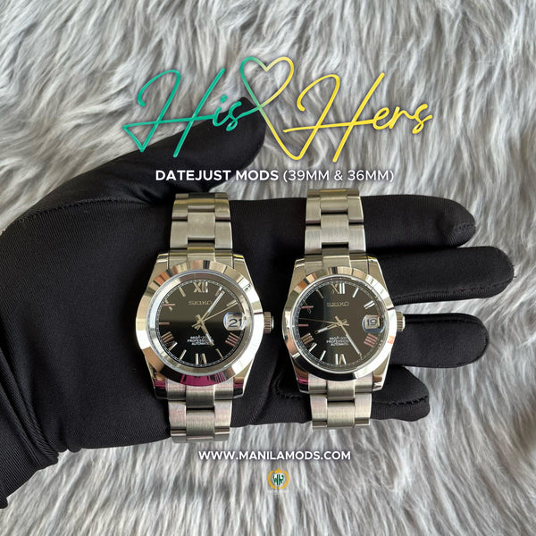 HIS&HERS BLACK DATEJUST FLAT 36 & 39 (ROMAN NUMERAL) - SEIKOMODS MANILA