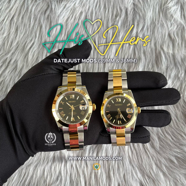 HIS&HERS BLACK GOLD DATEJUST FLAT 36 & 39 (ROMAN NUMERAL) - SEIKOMODS MANILA