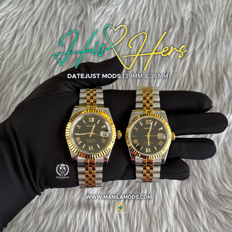 HIS&HERS BLACK GOLD DATEJUST FLUTED 36 & 39 (ROMAN NUMERAL) - SEIKOMODS MANILA