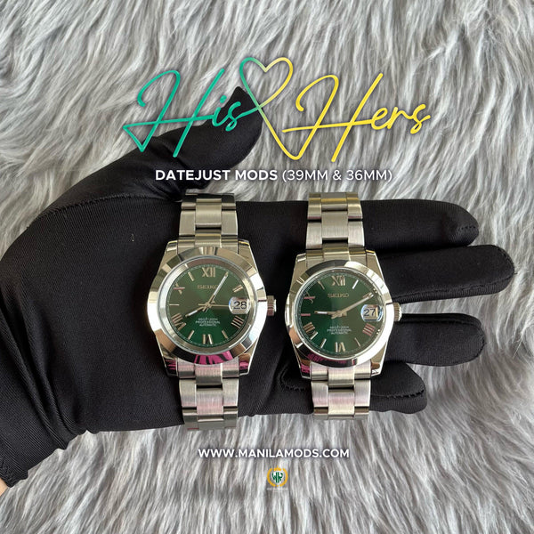 HIS&HERS GREEN DATEJUST FLAT 36 & 39 (ROMAN NUMERAL) - SEIKOMODS MANILA