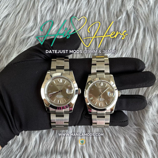 HIS&HERS SILVER DATEJUST FLAT 36 & 39 (ROMAN NUMERAL) - SEIKOMODS MANILA