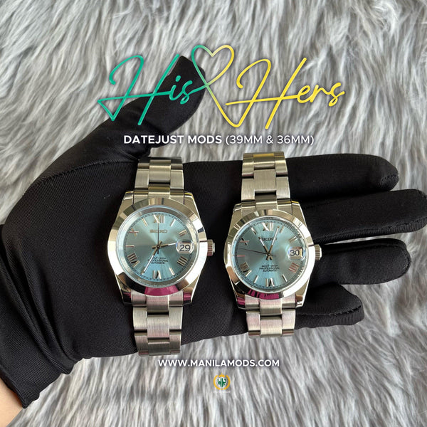 HIS&HERS SKY BLUE DATEJUST FLAT 36 & 39 (ROMAN NUMERAL) - SEIKOMODS MANILA