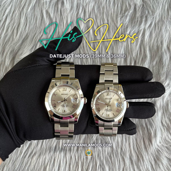 HIS&HERS WHITE DATEJUST FLAT 36 & 39 (ROMAN NUMERAL) - SEIKOMODS MANILA